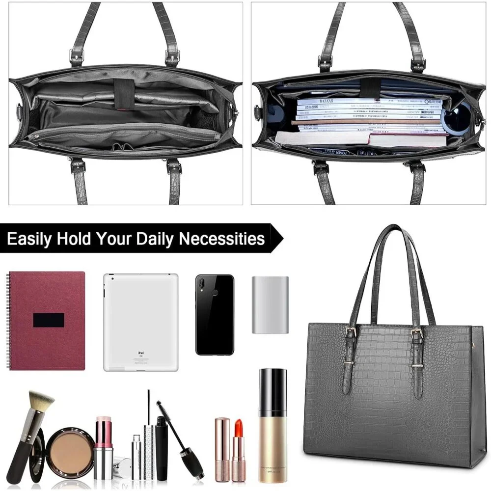 〽️Women Grey Leather Waterproof Professional Shoulder Bag 15.6 Inch Laptop Bag